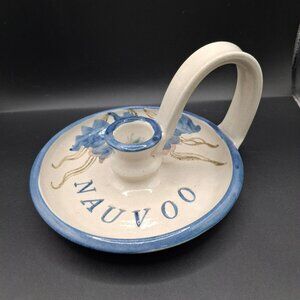 Handmade Pottery Chamberstick  Judy Jones 2002 Blue Floral Design Nauvoo